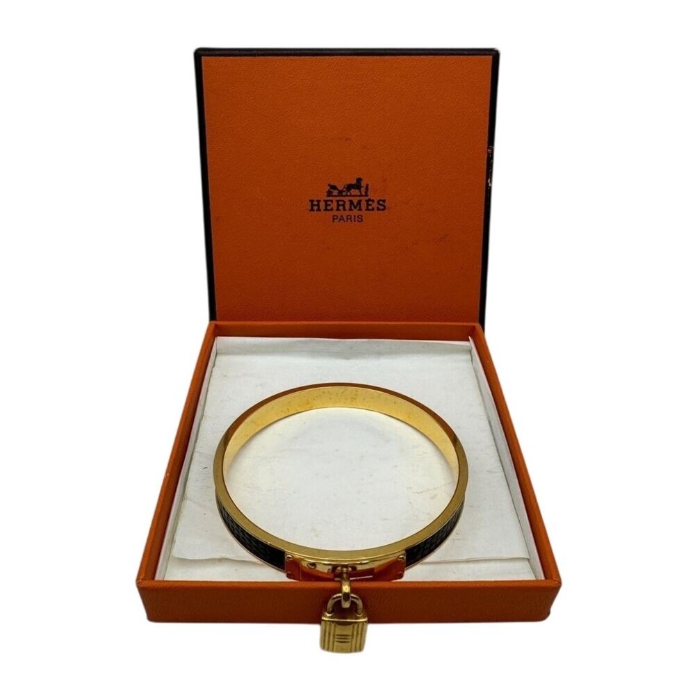 101. Hermes Lizard Kelly Lock Black & Gold Bangle - Picture 5 of 7